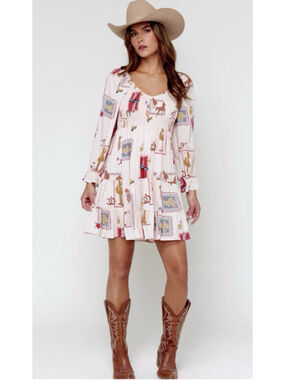 Blue B Western Print Smocked Dress MED Blush Rodeo Festival Babydoll Cowgirl